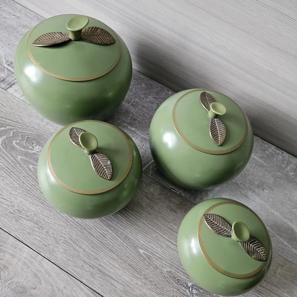 intage Chrom-Ever Avocado Green Apple Canister Set 4 MCM Enameled Aluminum Retro